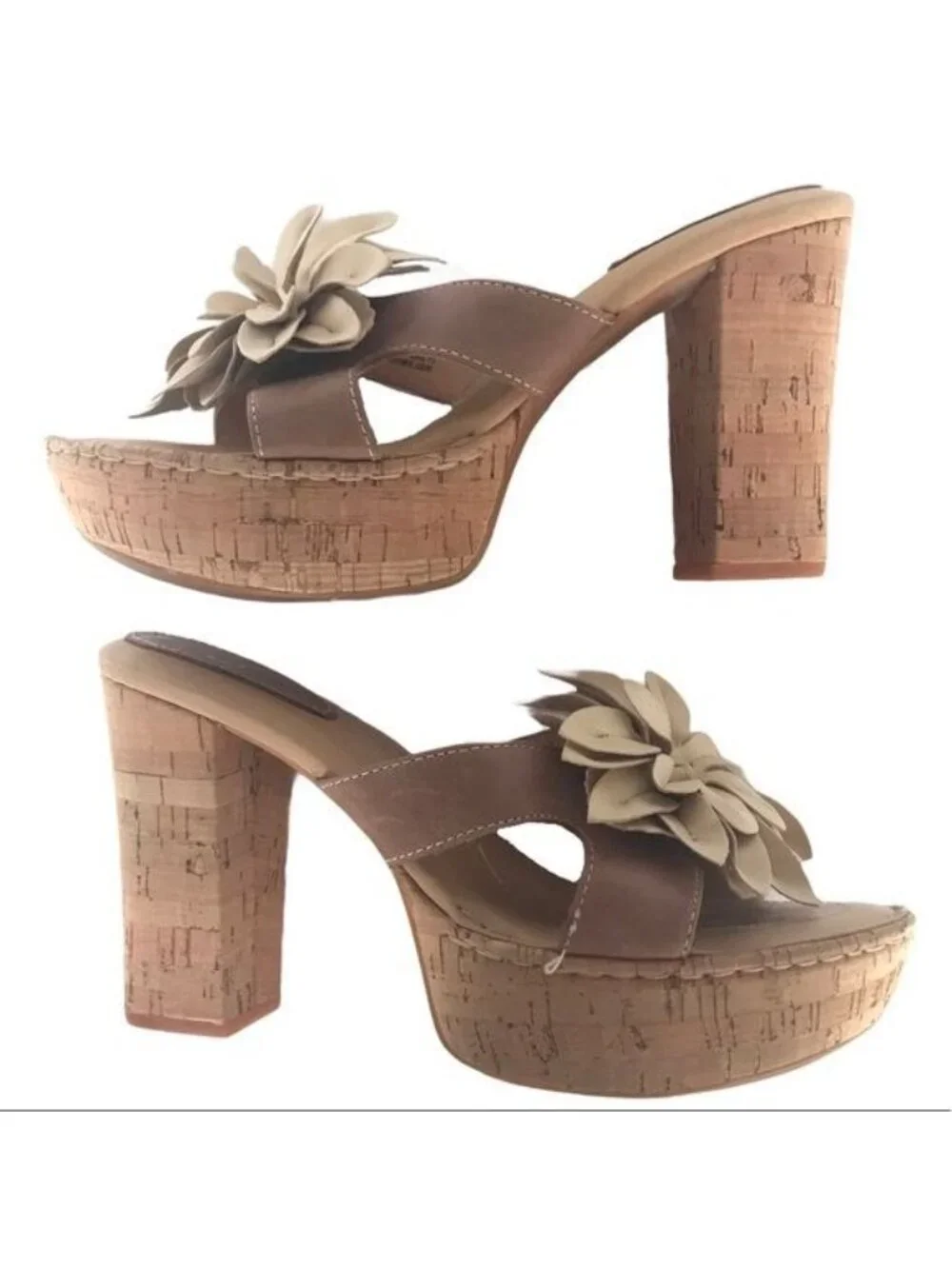 Born Crown Lolita Cork Platform Heeled Sandal Large Leather Flower Size 9